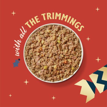 Bowl of mixed pet food with vegetables on red background, text "with all THE TRIMMINGS" and holiday decorations.