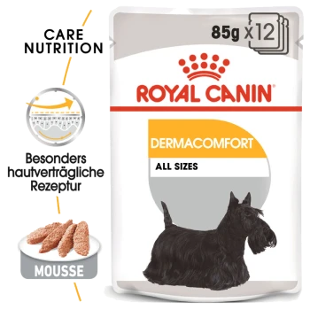 Royal Canin Dermacomfort Hundefutter, 85g x 12 Portionen, mit einer Illustration eines schwarzen Scottish Terriers und dem Text "Care Nutrition."