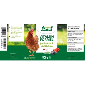 Eine braune Henne steht neben einem grünen Paket mit der Aufschrift "HÜHNER Land VITAMIN FORMEL", einem 500g Geflügelvitaminpräparat.
