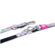 Bunte gestreifte Hundeleine mit Metallclips und einem pinken Anhänger mit der Aufschrift „Urban Pets“ auf weißem Hintergrund.