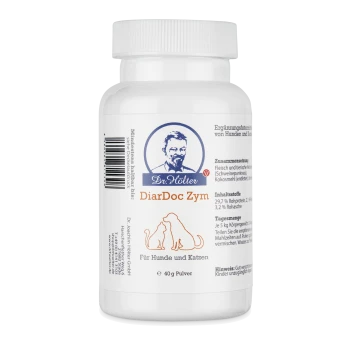 Weißer Behälter von Dr. Hölter DiarDoc Zym, ein Nahrungsergänzungsmittel für Hunde und Katzen, mit 40 g Pulver. Enthält Fleisch und tierische Nebenprodukte.