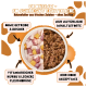 Orangefarbene Tieranzeige: geteilte Schale mit rohem und nassem Katzenfutter. Text: 'FROHSINN - SO SCHMECKT ECHTE LIEBE.'