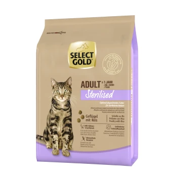 Sterilised Adult Geflügel und Reis 2.5 kg Katzenfutterverpackung mit einer getigerten Katze, beschriftet mit "SELECT GOLD ADULT Sterilised," mit Angaben zu den Zutaten: Geflügel mit Reis.