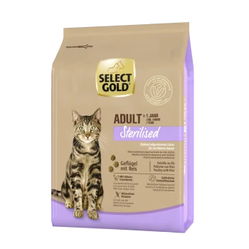 Katzenfutterverpackung mit einer getigerten Katze, beschriftet mit "SELECT GOLD ADULT Sterilised," mit Angaben zu den Zutaten: Geflügel mit Reis.