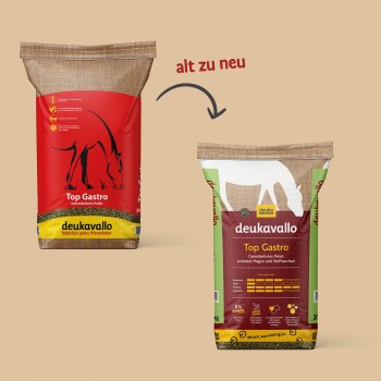 Zwei Tüten Deukavallo Top Gastro Pferdefutter: eine rote (altes Design) und eine grüne (neues Design), beschriftet mit "alt zu neu."