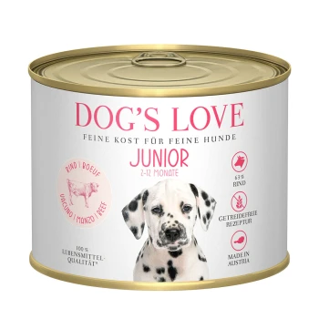 Dog's Love Junior Hundefutterdose mit einem hellen Design und rosa Akzenten. Höhepunkte: "63% Rindfleisch", "Getreidefrei" und "Hergestellt in Österreich."