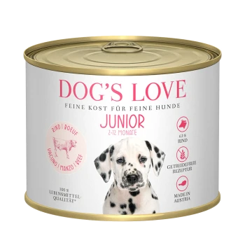 Dog's Love Junior Hundefutterdose mit einem hellen Design und rosa Akzenten. Höhepunkte: "63% Rindfleisch", "Getreidefrei" und "Hergestellt in Österreich."