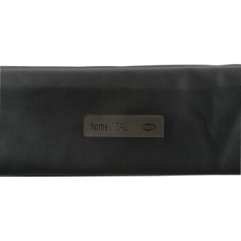 Schwarzes Hundebett mit lederähnlicher Textur, mit einem Etikett, das "homeVITAL" und die Marke "TRIXIE" trägt.