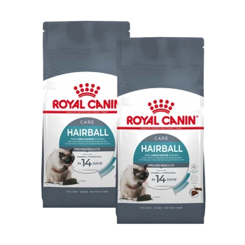 Zwei Taschen mit Royal Canin Hairball Katzenfutter, mit einem Katzenbild, und Text, der besagt: "Hilft, die Bildung von Haarballen zu reduzieren" und "Bewährte Ergebnisse in 14 Tagen."