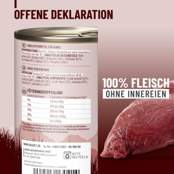 Deutsche Futtertabelle: 'VOLLWERTIGE FÜTTERUNG JEDEN TAG' und 'TÄGLICH*', zeigt Portionsbereiche in Gramm für 5 kg–60 kg.