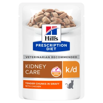 Hill's Prescription Diet Kidney Care k/d Nasskatzenfutterbeutel, mit zarten Stückchen in Soße mit Huhn, vom Tierarzt empfohlen.