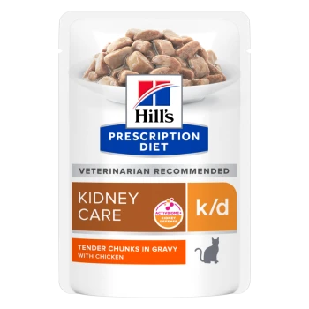 Torebka mokrej karmy dla kotów Hill's Prescription Diet Kidney Care k/d, zawierająca delikatne kawałki w sosie z kurczaka, polecana przez weterynarzy.