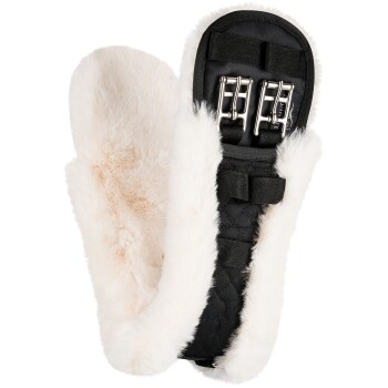 Ein plüschiger, cremefarbener Pferdesattel mit schwarzem gestepptem Stoff und silbernen Schnallen, entworfen für Komfort und Stil.