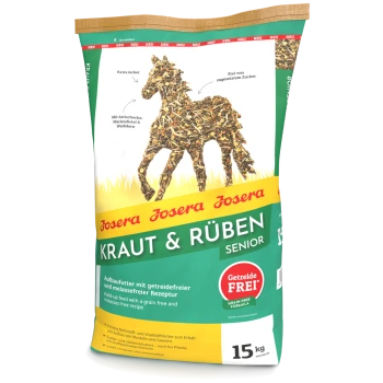 Josera Kraut & Rüben Senior getreidefreies Pferdefutter, 15 kg, mit Kräuterzutaten und ohne Zuckerzusatz.