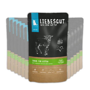 LIEBESGUT Lamm-Kittenfutter-Tüte mit Lammzeichnung; sichtbare Texte „Lamm für Kitten“, „Junior“, „Weil Liebe Gut Tut“, „Made in Germany“
