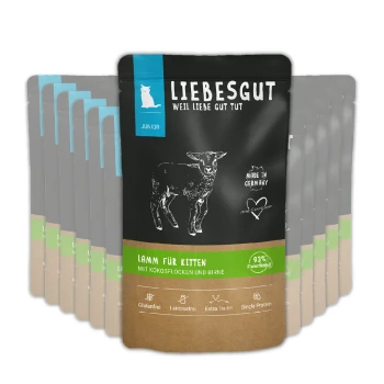 LIEBESGUT Lamm-Kittenfutter-Tüte mit Lammzeichnung; sichtbare Texte „Lamm für Kitten“, „Junior“, „Weil Liebe Gut Tut“, „Made in Germany“