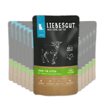 LIEBESGUT Lamm-Kittenfutter-Tüte mit Lammzeichnung; sichtbare Texte „Lamm für Kitten“, „Junior“, „Weil Liebe Gut Tut“, „Made in Germany“
