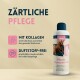 Pferdeshampoo-Flasche mit Text, der 'Zärtliche Pflege', 'Mit Kollagen' und 'Duftstoff-frei' hervorhebt, mit Bildern von Pferden.