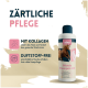 Pferdeshampoo-Flasche mit Text, der 'Zärtliche Pflege', 'Mit Kollagen' und 'Duftstoff-frei' hervorhebt, mit Bildern von Pferden.