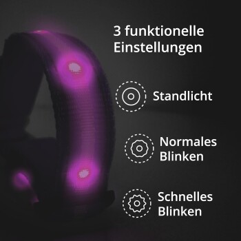 Ein leuchtendes Haustierhalsband mit drei funktionalen Einstellungen: "Standlicht", "Normales Blinken" und "Schnelles Blinken", angezeigt auf Deutsch.