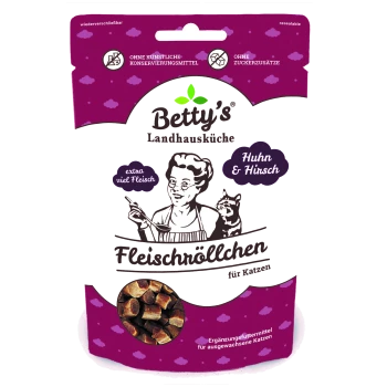 Betty's Landhausküche Fleischröllchen für Katzen – Huhn & Hirsch, wiederverschließbare Tüte mit Fleischstücken und Illustration von Koch und Katze