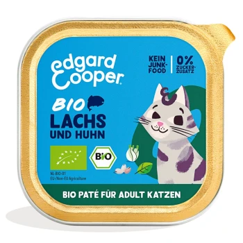 Edgard Cooper Bio-Katzenfutter-Pâté mit Lachs und Huhn, mit einer Cartoon-Katze und den Worten "kein Junk-Food" und "0% Zuckerzusatz".
