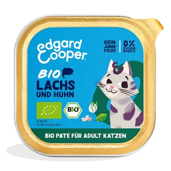Edgard Cooper Bio-Katzenfutter-Pâté mit Lachs und Huhn, mit einer Cartoon-Katze und den Worten "kein Junk-Food" und "0% Zuckerzusatz".