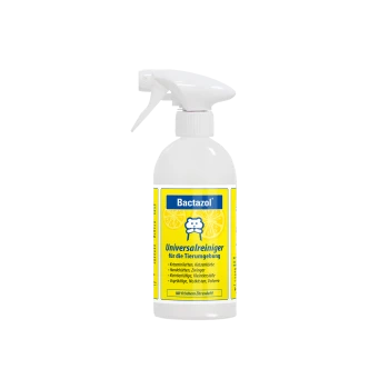 Bactazol Universalreiniger Sprayflasche mit einem Zitronendesign, beschriftet auf Deutsch für Haustierumgebungen, mit Reinigungshinweisen für Katzen und Hunde.