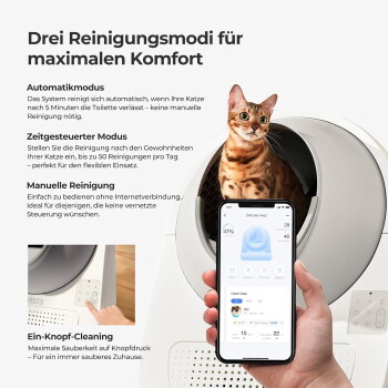 Katze in rundem automatischem Katzenklo neben einer Hand, die ein Smartphone hält; sichtbarer deutscher Text „Drei Reinigungsmodi“.
