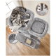 Eine graue Katze liegt auf einem plüschigen, mehrstöckigen Katzenbaum mit weicher Bettwäsche, mit einem Kratzbrett und einem gemütlichen Versteck.