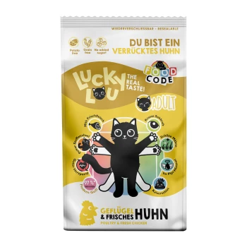 Food Code Adult Geflügel und Huhn 1.7 kg Wieder verschließbare Tierfuttertüte mit der Cartoon-Schwarzen Katze "Lucky Lou," beschriftet mit "ADULT," mit "Geflügel & Frisches Huhn" und 97% Fleischgehalt.