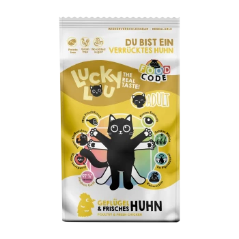 Wieder verschließbare Tierfuttertüte mit der Cartoon-Schwarzen Katze "Lucky Lou," beschriftet mit "ADULT," mit "Geflügel & Frisches Huhn" und 97% Fleischgehalt.