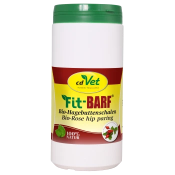 Behälter von cdVet Fit-BARF, einem natürlichen Haustier-Nahrungsergänzungsmittel mit Hagebuttenschalen, beschriftet mit "100% NATUR" auf Deutsch.