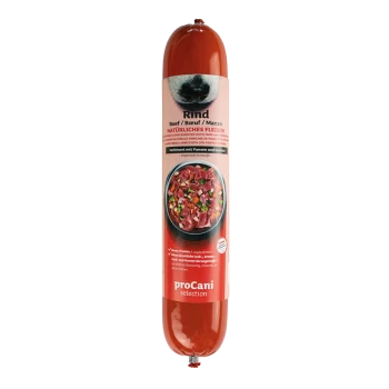 Rinder-Tierfutterrolle, gekennzeichnet mit "Rind", mit einer Schüssel voller Fleisch und Gemüse auf der Verpackung, mit der Marke "proCani selection."