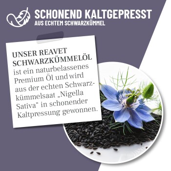 Schwarzkümmelöl-Anzeige mit einer blauen Blume und schwarzen Samen, die seine natürliche Qualität und kaltgepresste Extraktion betont.