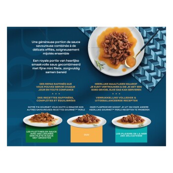 Nourriture humide effilochée en sauce sur assiettes et bol blancs sur fond bleu avec le texte français/néerlandais « Une généreuse portion ».