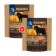 Zwei 1 kg Beutel Real Nature Wilderness Hundefutter, "Schwarze Erde," mit einem schwarzen Hund auf der Vorderseite, 70% Fleisch und 30% andere Zutaten.