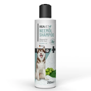 Flasche REAVET Neemöl Shampoo für Hunde, mit einem lächelnden sibirischen Husky, mit dem Hinweis auf pH 7.0 und 250ml Volumen.