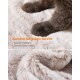 Nahaufnahme der Pfoten einer Katze auf einer plüschigen, ombré braun-weißen Haustierdecke, mit dem Text "Komfort bei jedem Schritt" und Details über den Stoff.