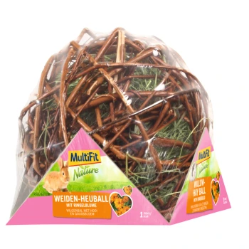 Wilgenbal met hooi en goudsbloem 80 g Een verpakte wilgenhooi bal voor kleine huisdieren, met takken en hooi, gelabeld "MultiFit Nature" met een konijnafbeelding en tekst in het Duits en het Nederlands.