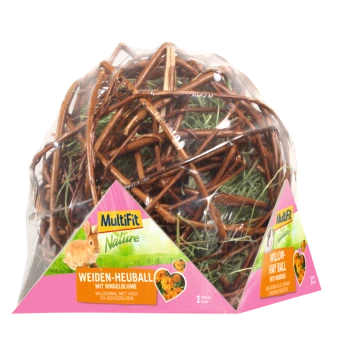 Une balle de foin en saule emballée pour petits animaux, présentant des brindilles et du foin, étiquetée "MultiFit Nature" avec un graphique de lapin et du texte en allemand et en néerlandais.