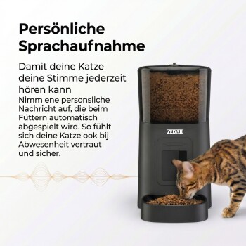 Bengal-Katze frisst aus ZEDAR-Automat; linke Überschrift lautet 'Persönliche Sprachaufnahme'.