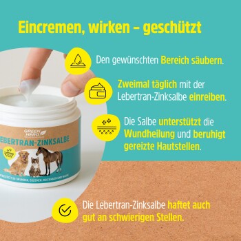 Ein Behälter mit GREEN HERO Lebertran-Zinksalbe mit einem Holzspatel, geeignet für Pferde, Hunde, Katzen, Kaninchen und andere Haustiere.