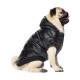 Ein Mops trägt eine glänzende schwarze Daunenjacke mit Kapuze, sitzt seitlich und schnauft glücklich.