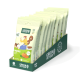 Green Petfood Loopies vegane Hundesnack-Beutel in einer Displaybox, creme-grüne Packungen mit Illustration einer Frau und eines Hundes und sichtbarem 'GREEN PETFOOD'-Schriftzug.