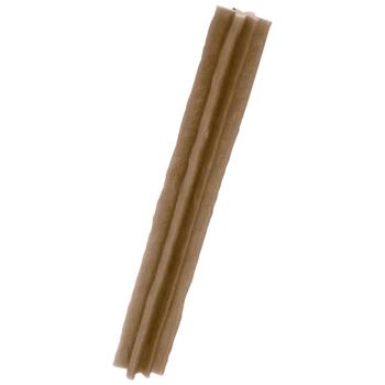 Long brown dog chew stick with three longitudinal grooves on a black background