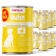 Gelbe Supravit Huhn Feuchtfutterdosen für Hunde, 12er-Pack-Aufkleber, Hundesilhouette und Hähnchen-Symbol, Text 'Tasty wet dog food'.