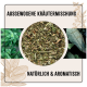 Ein kreisförmiges Bild einer ausgewogenen Kräutermischung, umgeben von grünen Kräutern, mit dem Text "AUSGEWOGENE KRÄUTERMISCHUNG" und "NATÜRLICH & AROMATISCH."