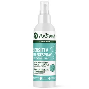 AniForte Sensitive Care Spray für Haustiere in einer türkisfarbenen Flasche, beschriftet mit "Sensitiv Pflegespray" und "Entwirrspray für alle Felltypen."