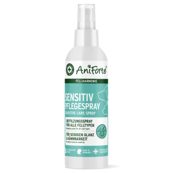 AniForte Sensitive Care Spray für Haustiere in einer türkisfarbenen Flasche, beschriftet mit "Sensitiv Pflegespray" und "Entwirrspray für alle Felltypen."
